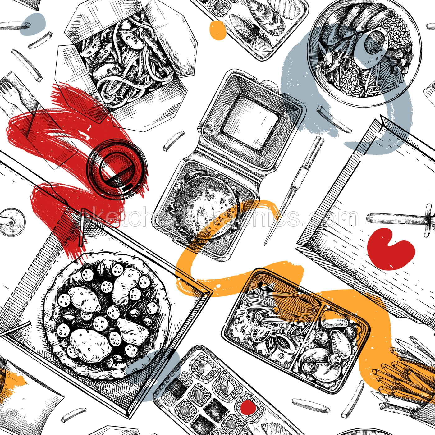 Fast food seamless pattern. Hand-drawn vector illustration. Burger, pizza, poke, sushi, coffee sketches. Takeaway food and restaurant delivery background. Engraved style, top view, collage style Illustration